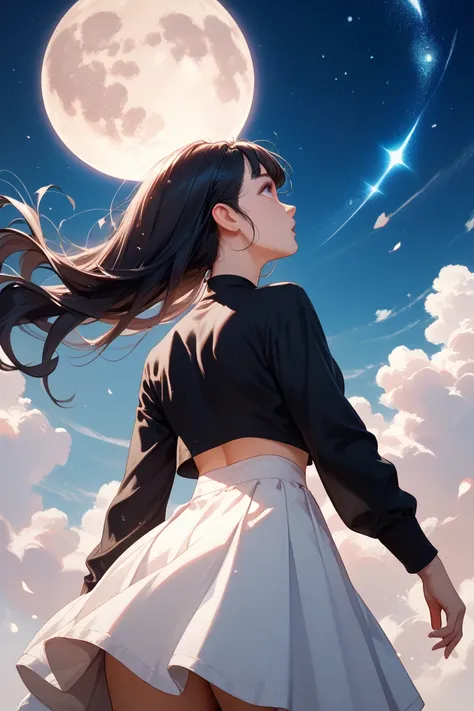  girl with long black hair  ,wearing a black shirt and a long sleeve and a white skirt , looking up at the starry sky and full Moon looking up at the sky. back view