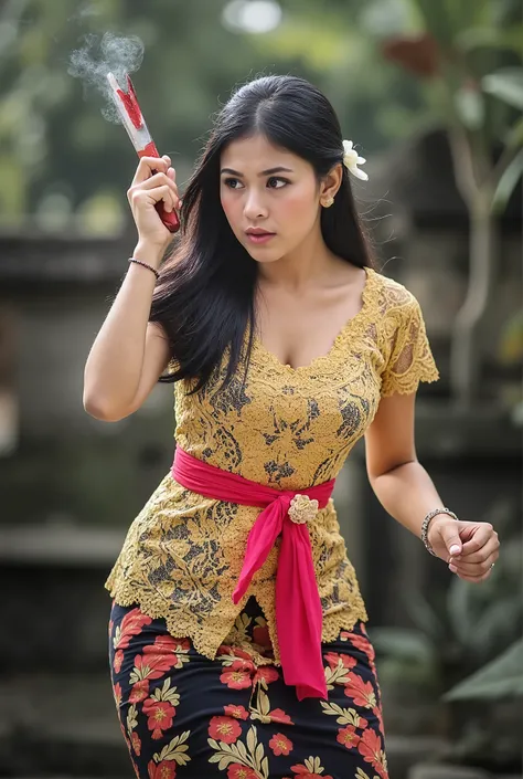 Nagita, Indonesia woman, woman kill male, woman cut throat male, woman knife, woman kebaya bali Indonesia, male full face mask, blood flowed freely down Male neck, woman black hair