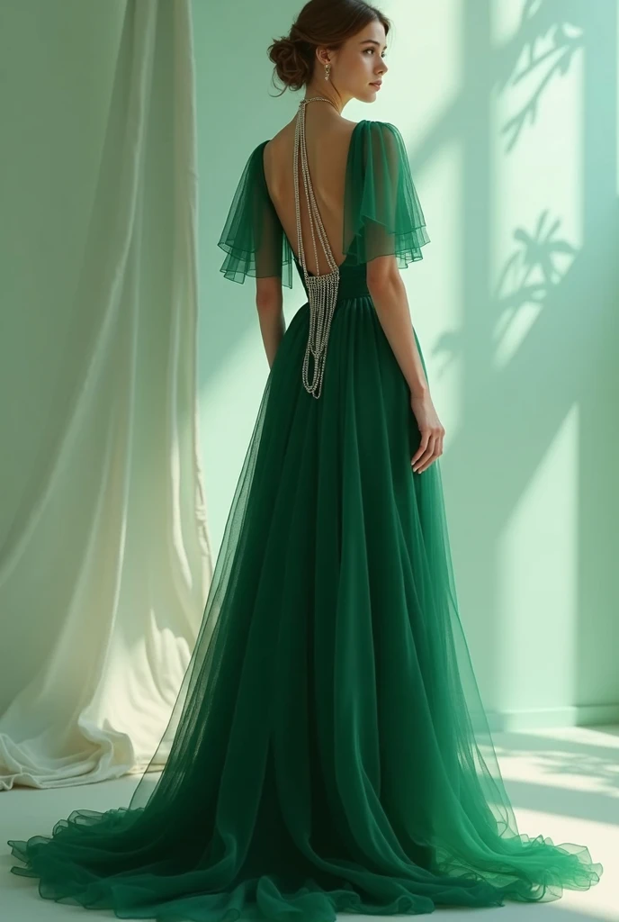 Create an image of a dress beautiful emerald green floor length dress, with a v neck and pearl 
vertical chains on back, with full net hands.