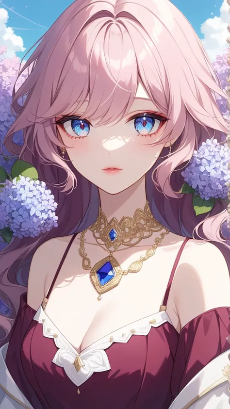 1girl, sky blue eyes mixed with lilac, marsala hair, pale skin, soft blush makeup, long wavy hair, hexagon-shaped sapphire necklace, elegant dress with burgundy satin fabric, dress with gold border, anime, 2D, detailed, fine big eyes