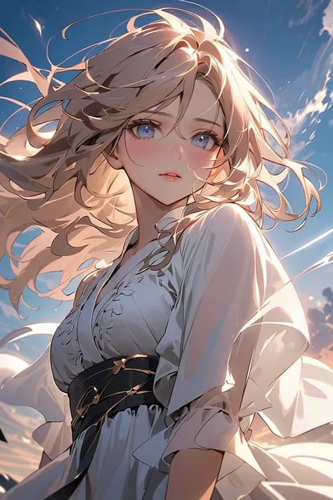 ( high res、８k), A Beautiful Woman 、Strong Will、knife、Determination、Will to Resist 、 Seize Fate with This Hand 、unyielding、迷いを断ち切るknife、 strong winds 、Disheveled Hair、 Eyes That Look Straight into the Sky、Dignified、Beauty、( top quality 、masterpiece）