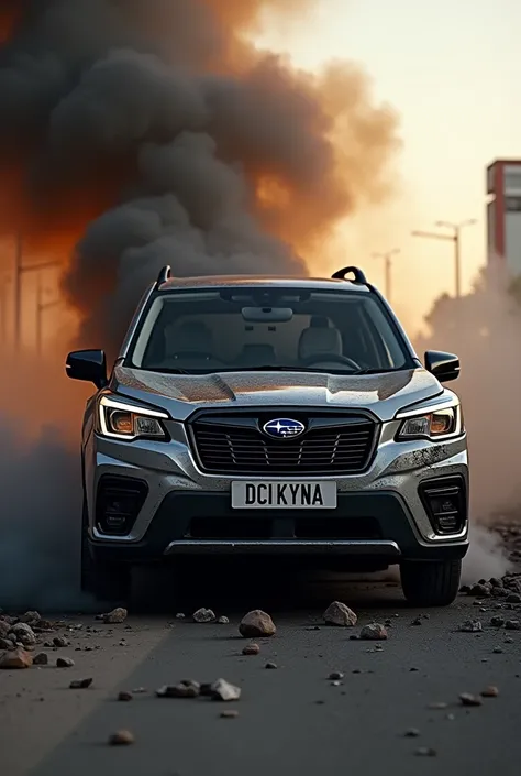 A Subaru forester 2019 model, burnt by angry genz youths protesting, number plate " DCI KENYA" dark smoke around weather 