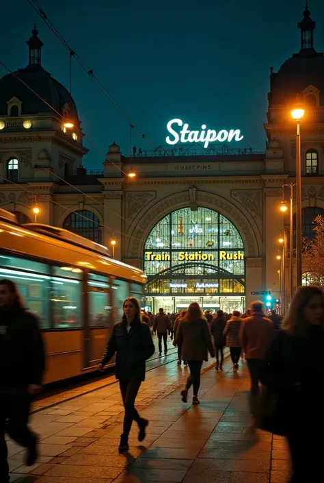 Create a cinematic-style thumbnail showcasing the vibrant energy of Wrocław at night. The thumbnail should include a moving tram, slightly blurred to convey motion, illuminated by glowing lights. Crowds of people in motion should appear heading toward the ...