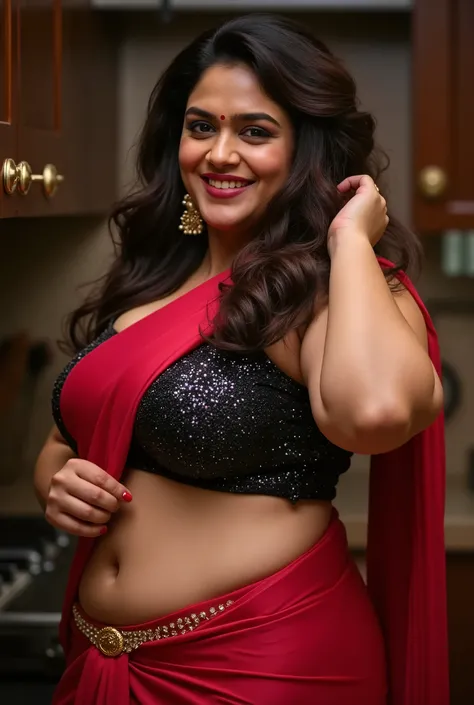 an ullu desi indian cute actress hot plus size standing in kitchen. She has curly black hair and are posing with one hand on the back of their head. She wearing a sleeveless, shimmering black tube bra and a royal red sequin saree with a smooth texture. bac...