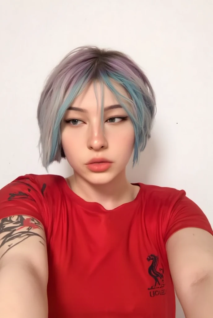 Chloe Price (Life Is Strange), white background, neutral expression, aesthetic selfie (Instagram style), frontal selfie, she wears a Liverpool (2007 season red team uniform)