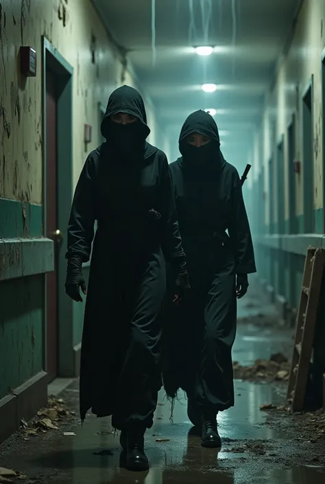 Two ninja women who dress the same way you can only see their eyes are in an abandoned hospital scared by the environment