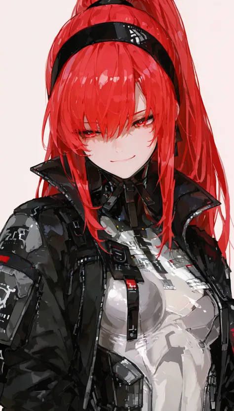  top quality , masterpiece,        748cm style       ,        1 girl,   ,       viewers,  ,      smile,,      Punishing Gray raven、     Vera、     jacket , Bodysuit under clothes, Red Hair,      Ponytail, hair, high ponytail, headband, red eyes 
 
simple ba...