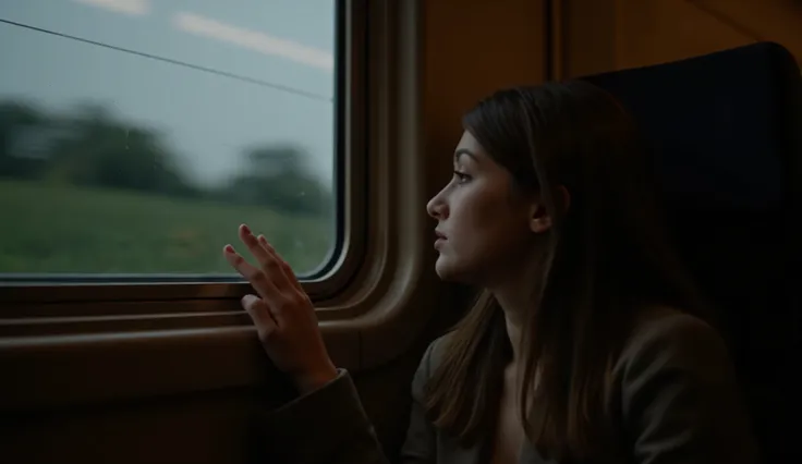 A woman sits by the window of a dimly lit train, her fingers resting on the glass as the landscape rushes by, mirroring the whispers in her mind.