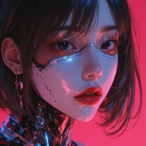 illust、art、from 80s horror movie, directed by Junji Ito、Cyborg Girl、The skin on half of the face has been torn off, revealing the robot&#39;s face.、Sci-fi horror、high detail, realsitic shadow、Analog style, vhs style, 8mm film, chromatic aberration, Dvd scr...