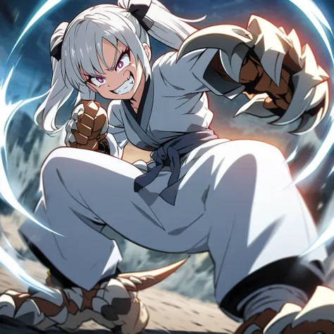 Anime style girl,  with short silver hair with two long pigtails and short , with a crazy smile ,  dragon claws on his hands and feet and in a fighting pose
