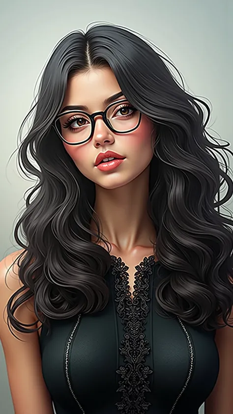 enhance the image, deixe realistic, most beautiful,  larger breasts , silky black hair ,  nice-grade glasses on your face and brown eyes, realistic, 