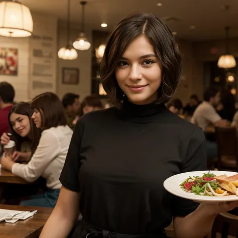 masterpiece, realistic, in crowded restaurant, waitress, taking your order, shy smile, wavy bob haircut 