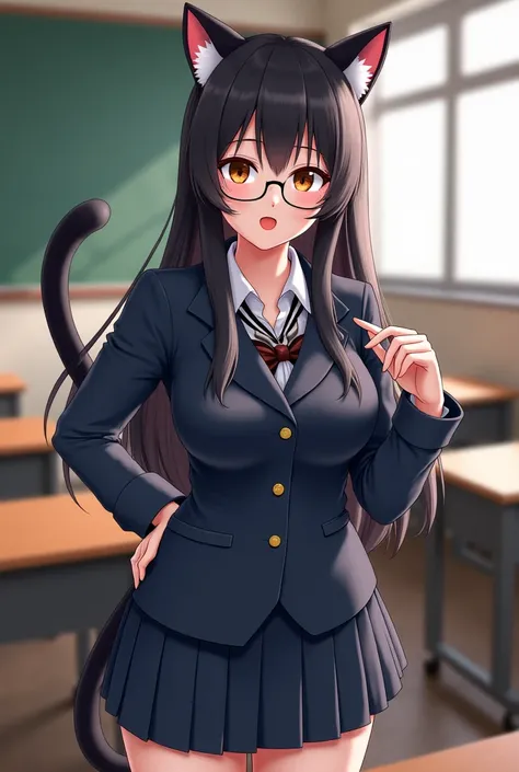 cat girl in school uniform with dark hair and big breasts with glasses