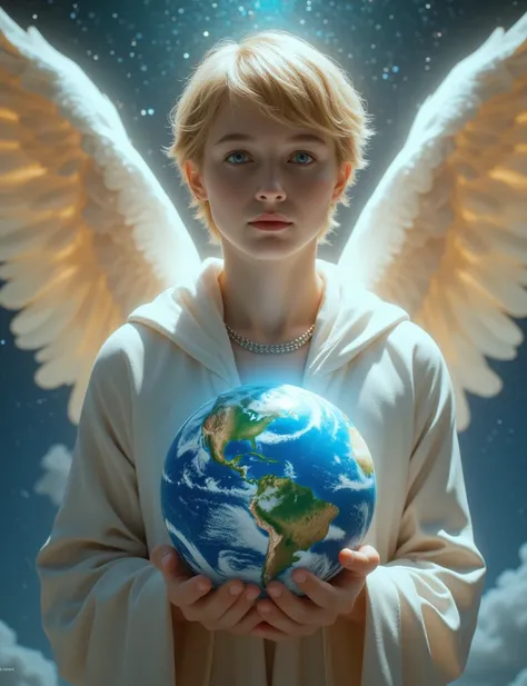 a man angel with big eyes holding planet Earth with his hands 