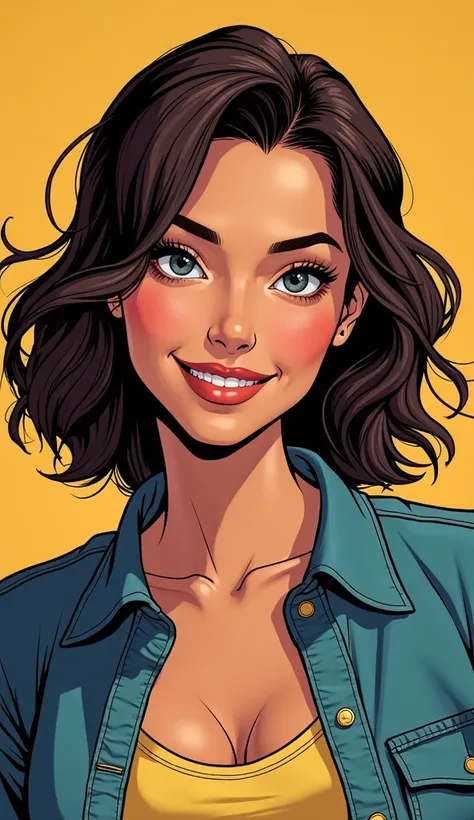 DISCREET image. with discreet casual clothes. image adult woman, american, comic book style. with a discreet smile. IMAGES WITH VIBRANT COLORS. focus on fac