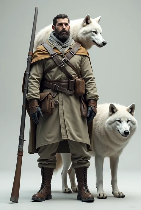 Style and Perspective: Full-body 3D artwork with a hyper-realistic style. The wolf appears small and proportional to the hunter’s shoulders, emphasizing their bond without dominating the composition. The hunter’s sturdy stance and the detailed white fur of...