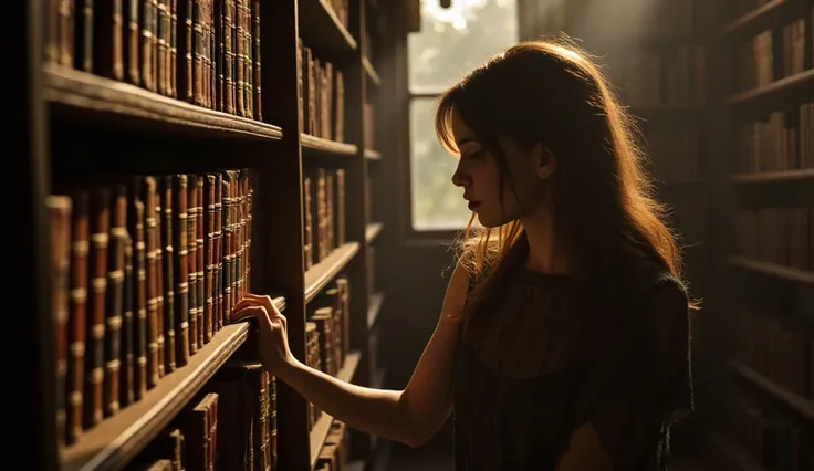 A woman explores a dusty, forgotten library, running her fingers along ancient books as if unlocking secrets hidden in their pages.