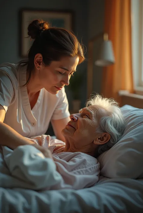 Create an ultra realistic image of an elderly person lying on a bed,  being cared for by a woman with a light expression of tranquility. The atmosphere is cozy and welcoming,  well lit 
