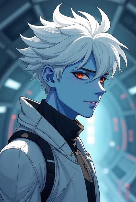 The model is a manhwa man, male alien dressed in futuristic clothes with white hair and pale blue skin, in cramped spaceship in a manhwa style. {{{best quality}}}, {1man}, depth of field, {game cg},angular face, adult, watercolor on paper, {{{{{{2024 manhw...