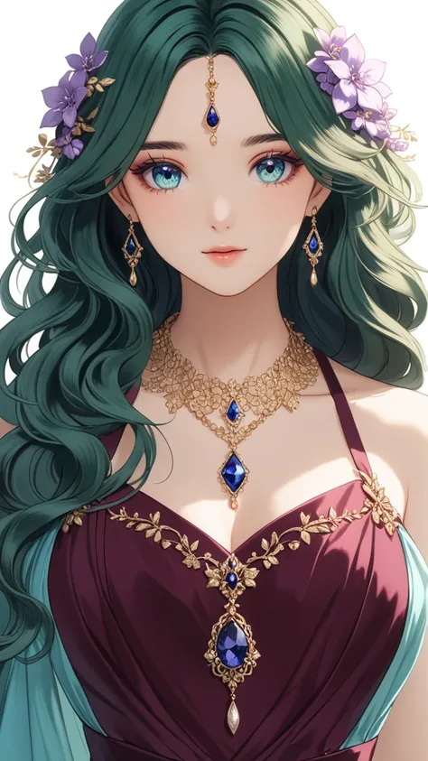 1girl, pale aqua blue eyes mixed with lilac, dark forest green hair, pale skin, soft blush makeup, long wavy hair, hexagon-shaped sapphire necklace, elegant dress with burgundy satin fabric, dress with gold border, anime, 2D, detailed, fine big eyes, 26 ye...