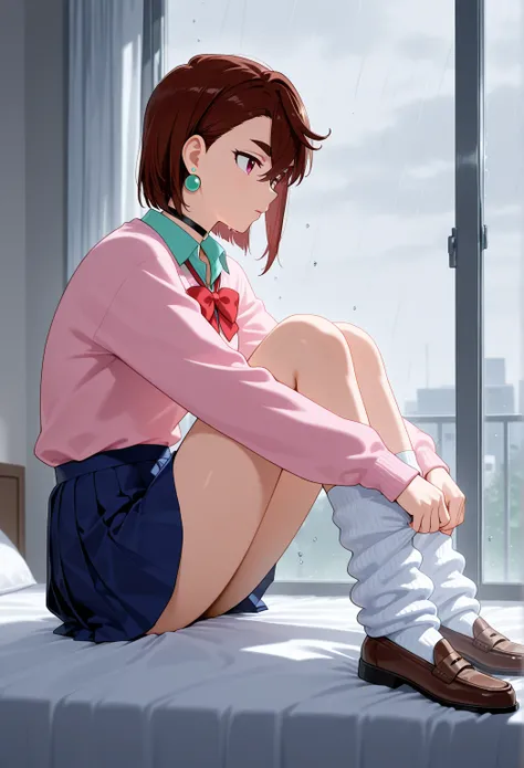 masterpiece,  top quality ,  very aesthetic, Ayase Momo, , Brown Hair,  short hair, Hair between the eyebrows,  thick eyebrows,  red eyes,  viewers, outfit_1,  earrings for women with first name,  black choker,  pink sweater,  colored shirt , Open collar, ...