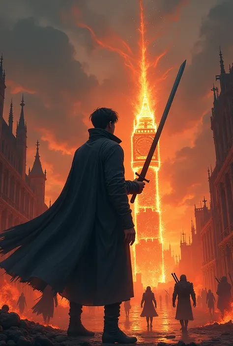  Create an illustration featuring a large protagonist,  fighting with an overcoat , A Chinese sword,  him looking up at the London sky in 2080 ,  but devastated and broken in flames surrounded by monstrous black creatures, 2m tall and humanoids 