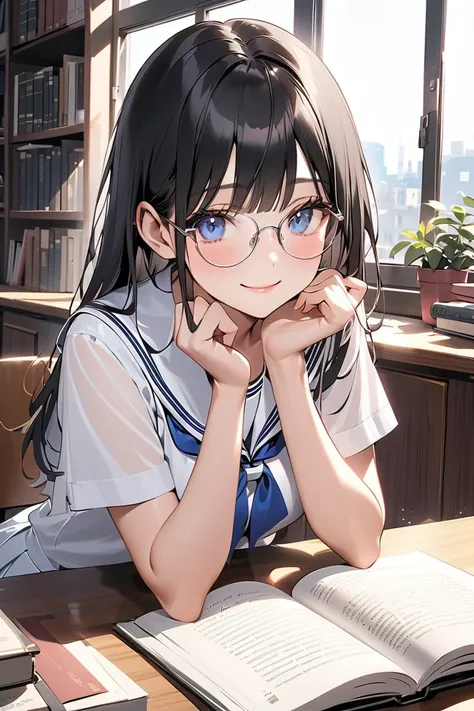 ( high res、８k), studying on her own in a beautiful library 、In the middle of studying 、 a high school girl taking a break 、( with bangs、 long, shiny black hair ),(Silver glasses), light blue and white sailor suit 、Blue ribbon on chest、 short white pleated ...