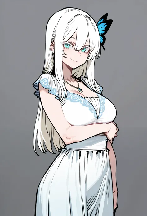 (ratatat74 style:0.7), (ssambatea style:0.8), 1girl, solo, white hair, (blonde hair:0.7) long hair, straight hair, hair between eyes, cyan eyes, white eyelashes, (blue butterfly hairpin:0.8), necklace, white dress, ornate dress, medium breasts, standing, a...