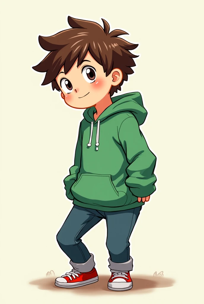 A boy in green hoodies and brown hair cartoon style and bottomless anime