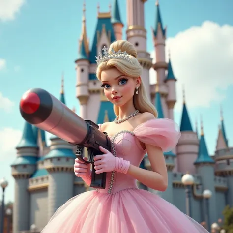 An image of a beautiful princess wearing a tiara in a pink dress holding a rocket launcher in front of Cinderellas castle