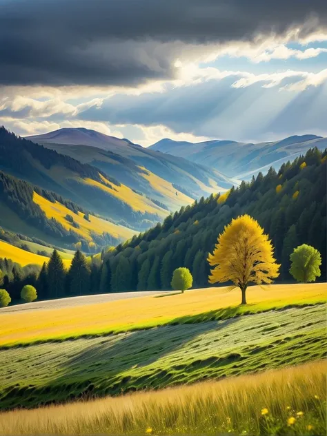 meadows, beautiful landscape, in shades of grey, golden tree