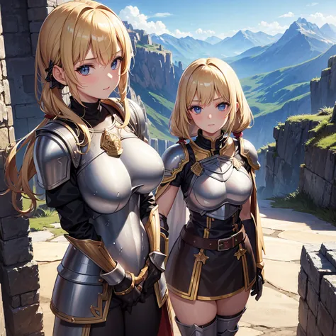 (masterpiece, best quality, detailed), 1girl, solo, blonde hair, short twintails hairstyle, looking at viewer, huge breasts, armor, breastplate, armored dress, armoredpanths, cape, gloves, pauldrons, bodysuit, belt, outdoors, mountain, castle, fantasy, sce...