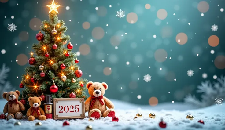 I need a beautiful New Years background with snowflakes, a Christmas tree and toys, I need a New Years inscription "2025" on the lame