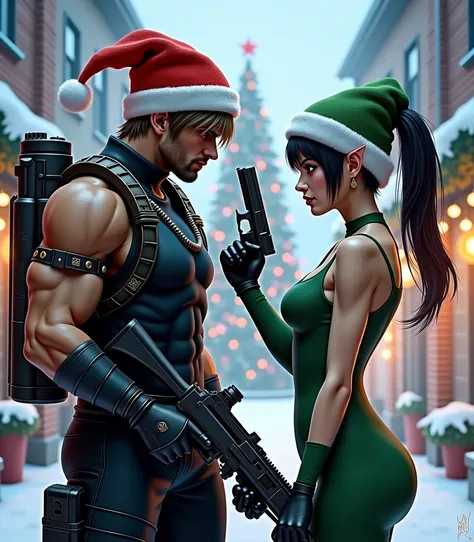  Chris Redfield & Ada Wong with Christmas hats and with weapons