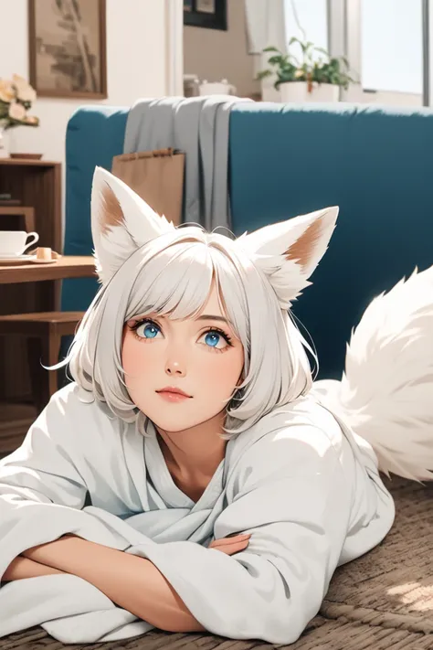 Illustration-style picture of a around 26-year-old woman with long white hair, icy-blue eyes, white fox ears and fluffy fox tail, more mature-looking, in domestic environment 