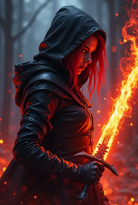 A hyper realistic photo, masterpiece, Rogue assassin girl, wearing a hood, red and orane hair, shrouded in shadows, holding a flaming dagger in each hand, vibrant glowing abyssal colors, entirely in frame, FULL BODY, radiating electrical energy, shoulder l...