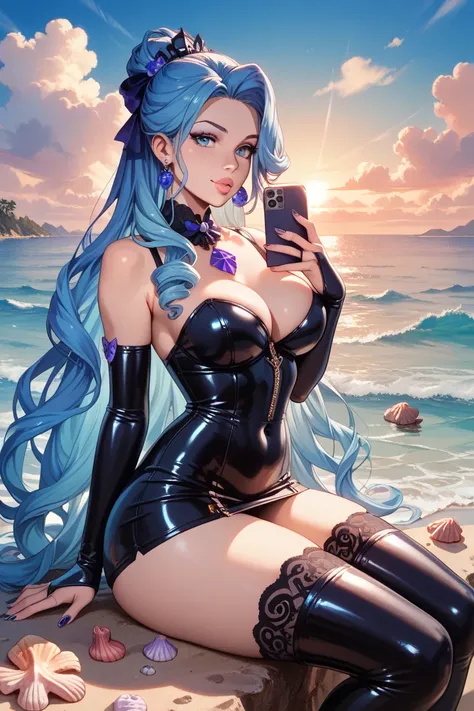 woman with long blue hair, her hair is wavy, plump lips, blue eyes, curvy, giant chest, she is sitting down taking a selfie, Giant butt, small waist, voluptuous, latex outfit, dominant, on an island, opulence, sunset, beautiful, detailed, seashell