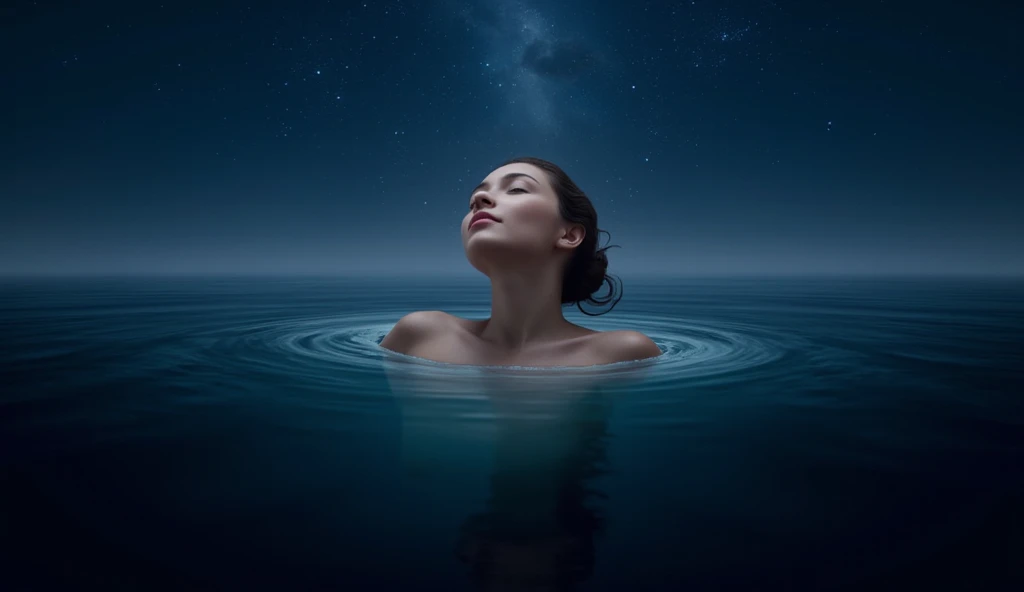 A woman floats in the ocean, her face lifted to the sky, illuminated by starlight, as if connected to the whispered currents below.