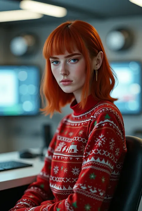 Create the image of a thin red-haired woman wearing a cold Christmas blouse she is sitting on a chair in a technological room 