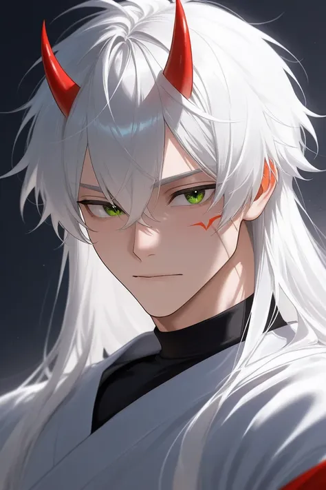 White-haired boy has green eyes with small red horns and a bat mark on his left cheek