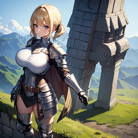 (masterpiece, best quality, detailed), 1girl, solo, blonde hair, short twintails hairstyle, looking at viewer, huge breasts, breast covered under armor,armor, breastplate, armored dress, armored panths, cape, gloves, pauldrons, bodysuit, belt, outdoors, hi...