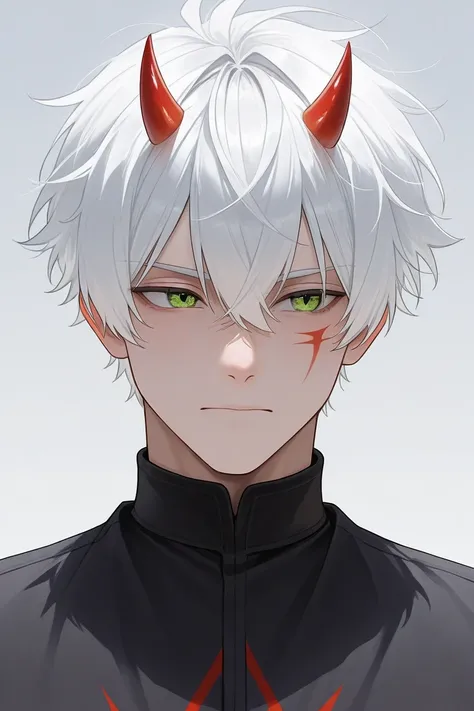 A boy with white hair has green eyes with small red horns and a black bat mark on his left cheek