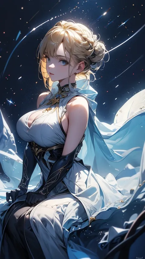 masterpiece, high quality, 4K, Beautiful design, silhouette，Blonde， Highly Detailed Starry Sky at Night,Cold ice world， wonderful, Finer details,  Very knowledgeable woman, Highly detailed solo, 1 female,Big Breasts，Butt Emphasis，High-neck dress，Sleeveless...