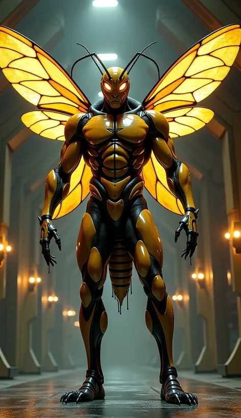 "A terrifying hybrid of a bee and a muscular man, merging the insect’s agility and ferocity with the sheer physical power of the human form. This hybrid creature stands tall, its humanoid frame rippling with exaggerated musculature, but its body is covered...