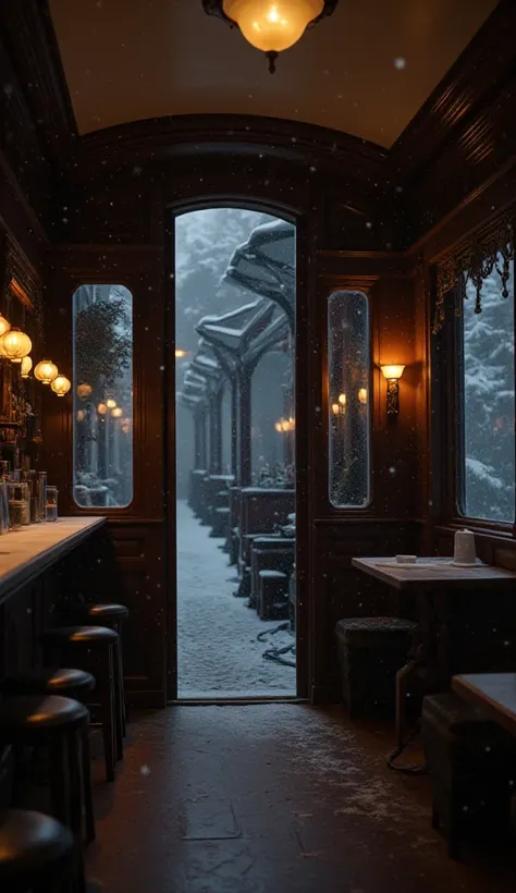 bar in a train under snow without anybody