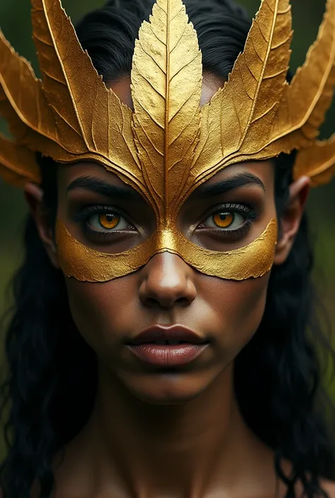  Enlarged female face ,  using a golden leaf mask  , Devas style of nature , dark color palette, golden ,brown.  Natures most mysterious , mystical and spiritual .  The skin may look like a dry earth and dark tone.  yellow eyes , striking and dark 