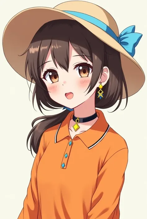  HIGH QUALITY, 8K ultra HD,  a girl with a sun hat , The ribbon is light blue ,  her hair and eyes are brown ,  long hair tied in a low tail has a hoop,  black necklace with a yellow diamond,  orange long sleeve polo shirt open in a U ,  the photo that is ...