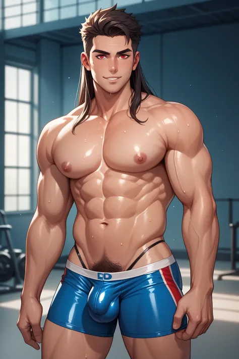  Super hot male anime character ,  defined body,  long hair ,  red eyes, g-string, Big bulge, Dick poking on the thong,  hot men in sexy and dynamic poses,  handsome men posing in sexual poses ,  handsome men on their sides with bent arms , transparent tho...