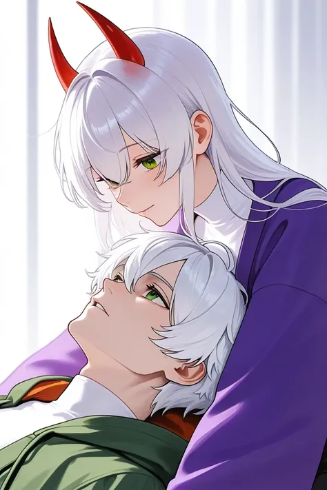 The boy with white hair has green eyes and small red horns, wears a white neck, and wears a purple mod coat on top