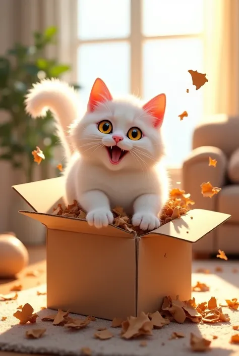 White cat tore the box 